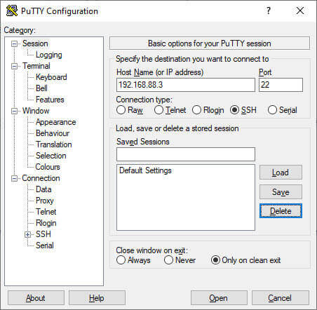 how to enter an ip address into putty in order to use ssh